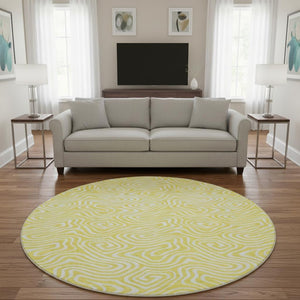 HomeRoots 8' Yellow And Ivory Abstract Round Rug – Washable, UV-Protected, Durable for Kids & Pets, 8ft Statement Piece 680924