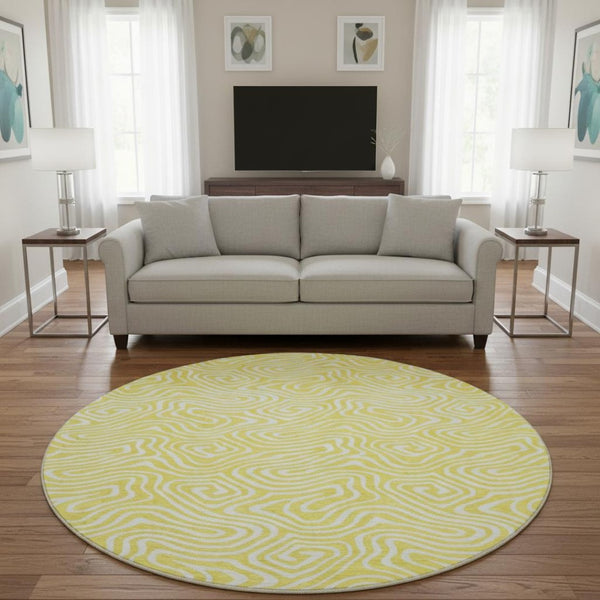 HomeRoots 8' Yellow And Ivory Abstract Round Rug – Washable, UV-Protected, Durable for Kids & Pets, 8ft Statement Piece 680924