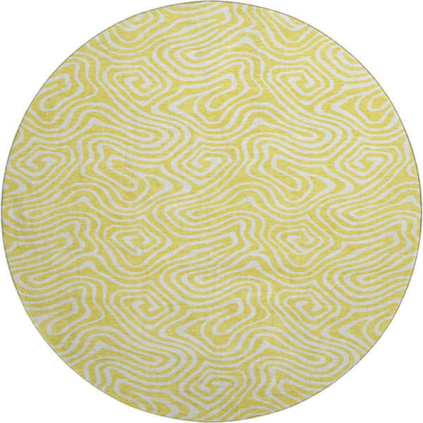 HomeRoots 8' Yellow And Ivory Abstract Round Rug – Washable, UV-Protected, Durable for Kids & Pets, 8ft Statement Piece 680924