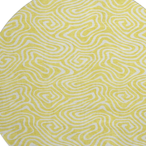HomeRoots 8' Yellow And Ivory Abstract Round Rug – Washable, UV-Protected, Durable for Kids & Pets, 8ft Statement Piece 680924