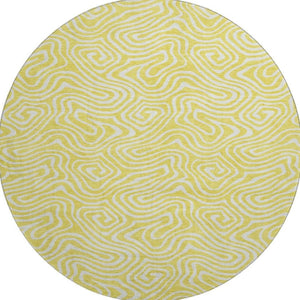HomeRoots 8' Yellow And Ivory Abstract Round Rug – Washable, UV-Protected, Durable for Kids & Pets, 8ft Statement Piece 680924