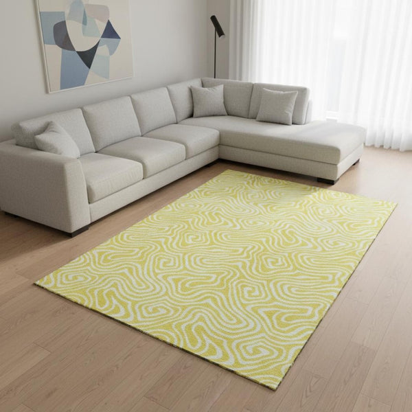 HomeRoots 9' X 12' Washable Yellow & Ivory Abstract Area Rug with UV Protection - Perfect for High-Traffic Spaces 680926