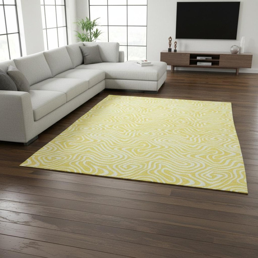 HomeRoots 10' X 14' Yellow and Ivory Abstract Area Rug – Durable, Stain-Resistant, UV Protected for Modern Spaces 680927