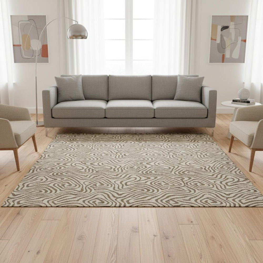 HomeRoots 5' x 8' Modern Beige and Brown Abstract Washable Area Rug with UV Protection for Versatile Use 680929