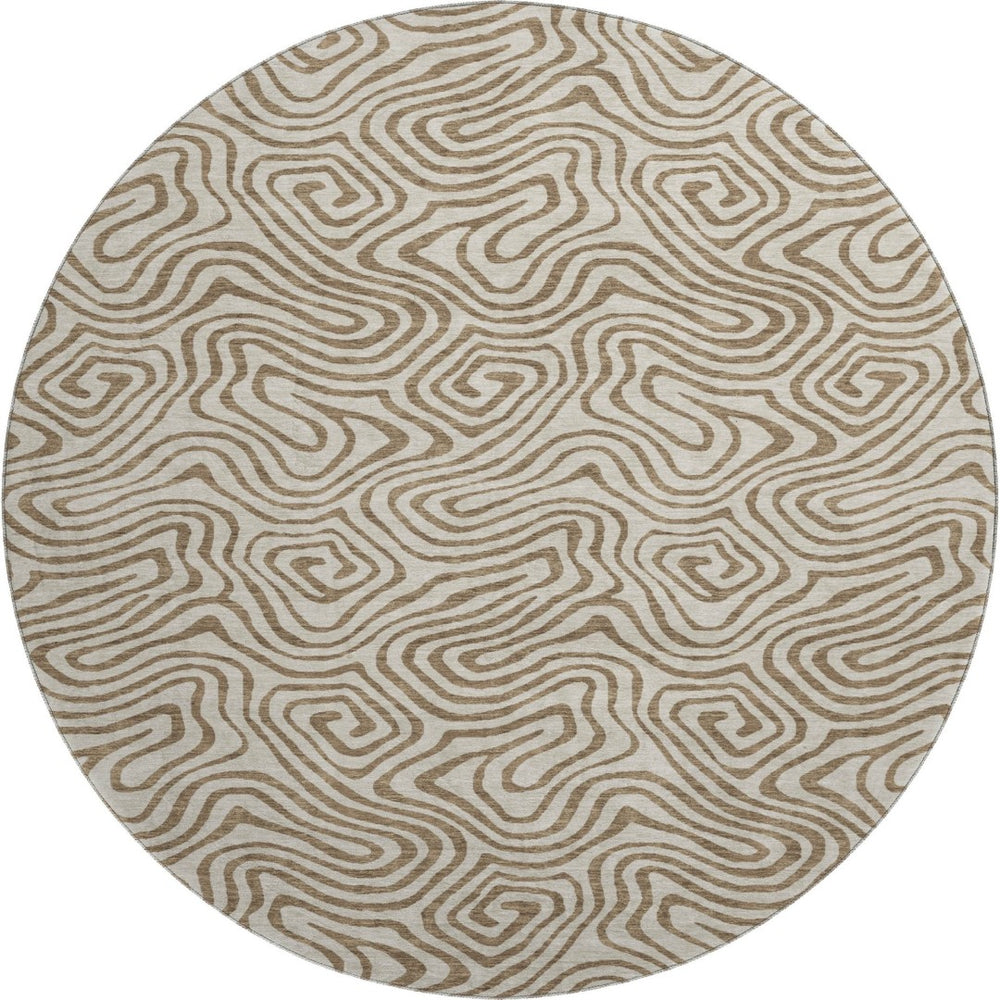 HomeRoots 8' Beige and Brown Abstract Round Rug - Washable, UV-Protected, Family-Friendly Design for Any Space 680930