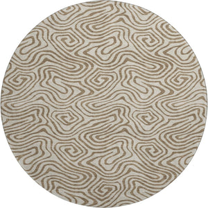 HomeRoots 8' Beige and Brown Abstract Round Rug - Washable, UV-Protected, Family-Friendly Design for Any Space 680930