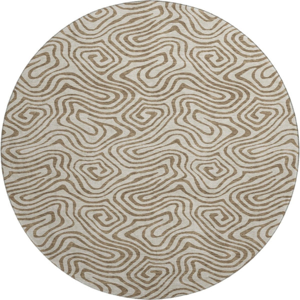 HomeRoots 8' Beige and Brown Abstract Round Rug - Washable, UV-Protected, Family-Friendly Design for Any Space 680930