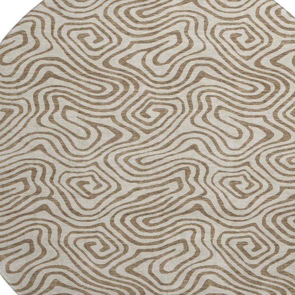 HomeRoots 8' Beige and Brown Abstract Round Rug - Washable, UV-Protected, Family-Friendly Design for Any Space 680930