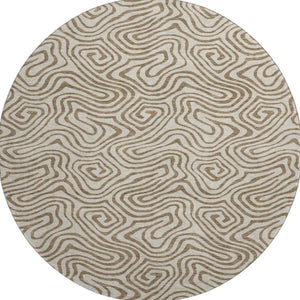 HomeRoots 8' Beige and Brown Abstract Round Rug - Washable, UV-Protected, Family-Friendly Design for Any Space 680930