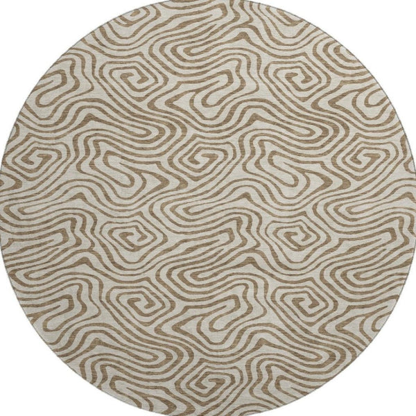 HomeRoots 8' Beige and Brown Abstract Round Rug - Washable, UV-Protected, Family-Friendly Design for Any Space 680930
