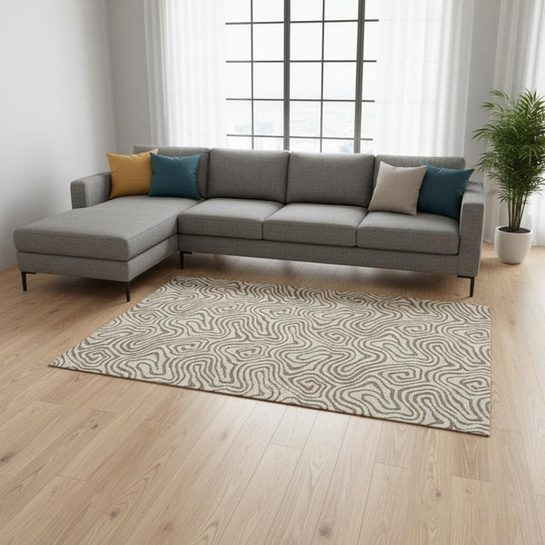 HomeRoots 9' X 12' Beige and Brown Abstract Area Rug - Washable, UV-Protected, Stain-Resistant & Stylish! 680932