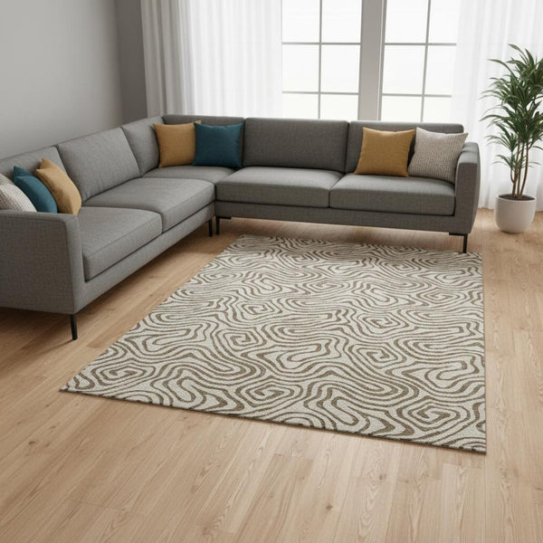 HomeRoots 10' X 14' Beige and Brown Abstract Area Rug – Washable, UV Protected, Durable & Perfect for Families 680933