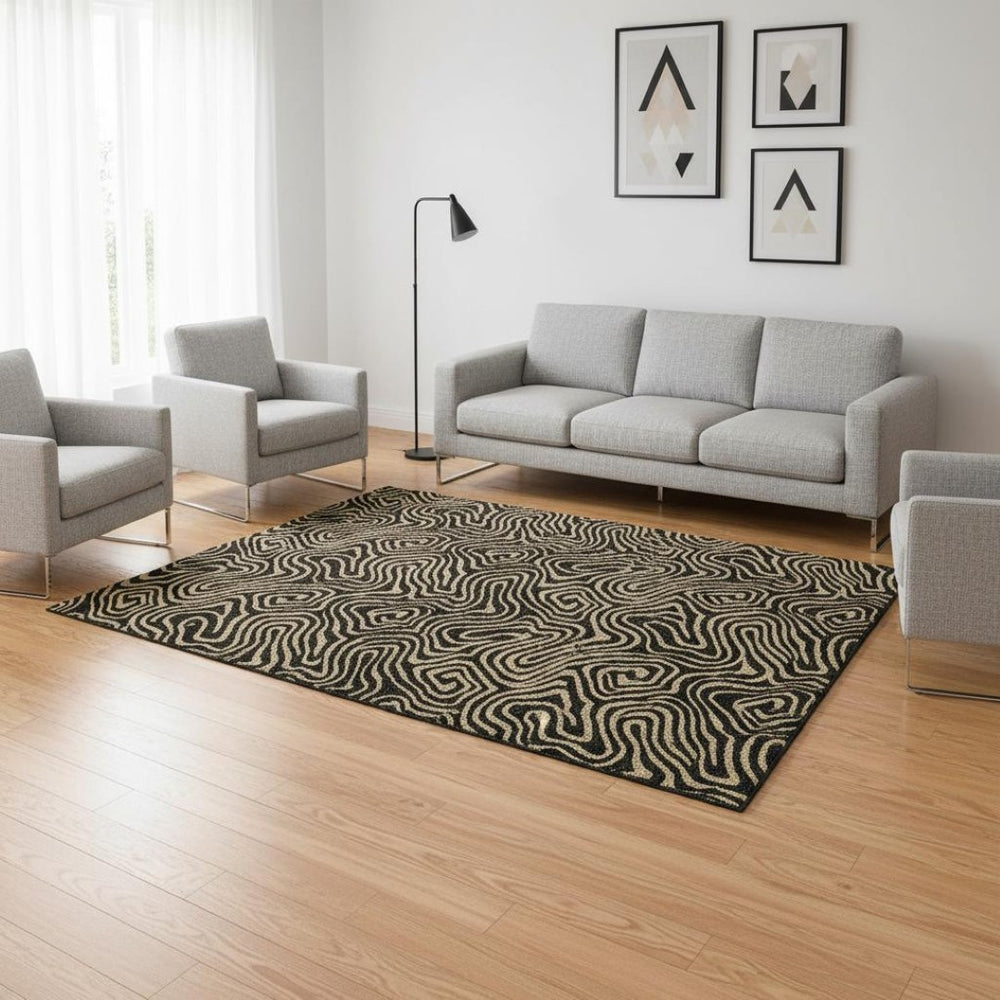 HomeRoots 5' X 8' Black And Gold Abstract Area Rug – Stylish, Washable, UV-Protected for Modern Living Spaces 680935