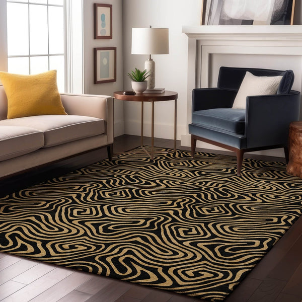 HomeRoots 5' X 8' Black And Gold Abstract Area Rug – Stylish, Washable, UV-Protected for Modern Living Spaces 680935