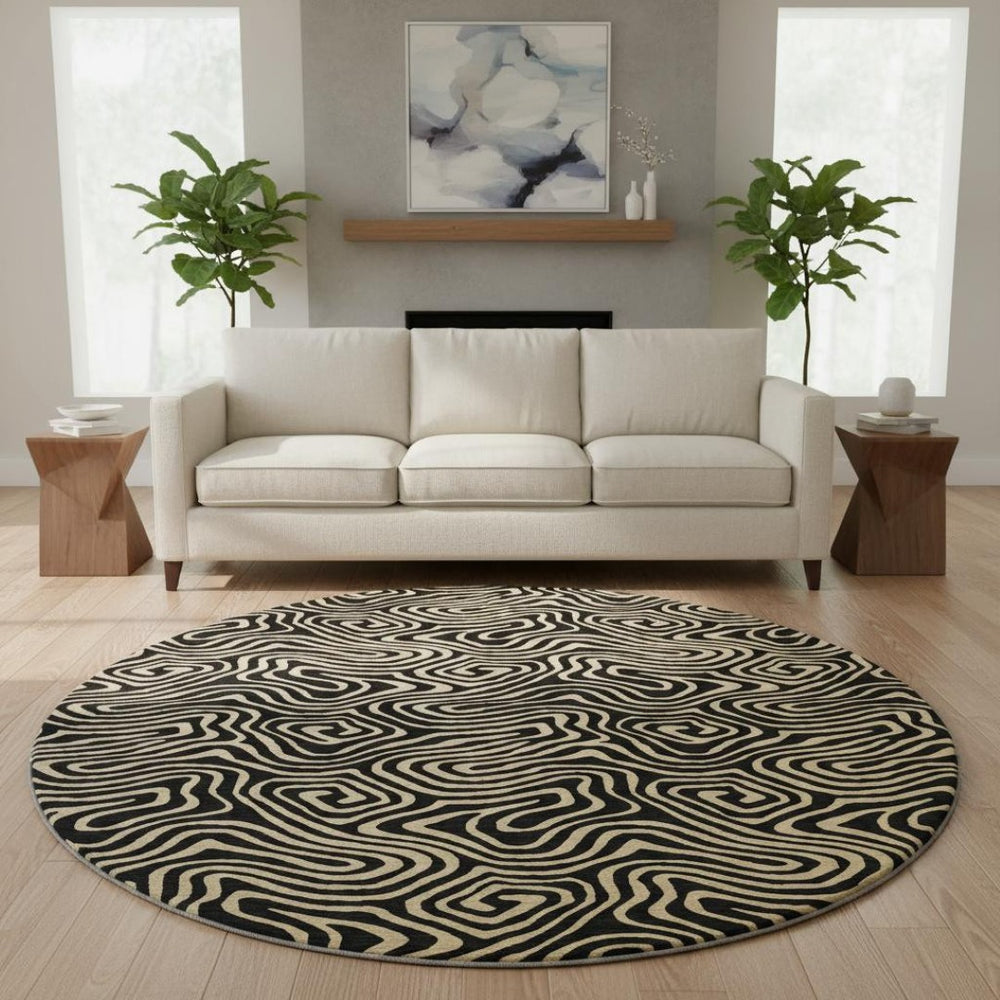 HomeRoots 8' Black And Gold Abstract Round Rug – Stylish, Washable, UV-Protected & Perfect for Modern Spaces! 680936