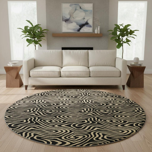 HomeRoots 8' Black And Gold Abstract Round Rug – Stylish, Washable, UV-Protected & Perfect for Modern Spaces! 680936
