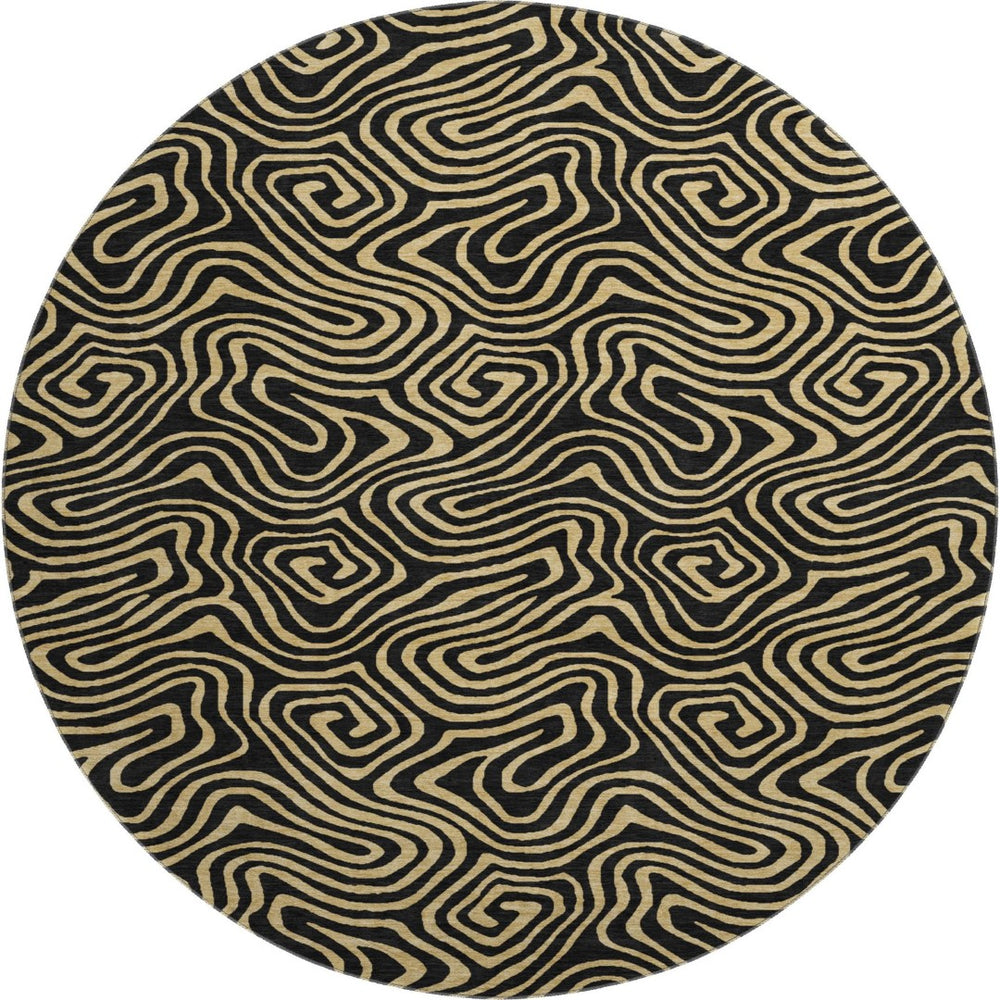 HomeRoots 8' Black And Gold Abstract Round Rug – Stylish, Washable, UV-Protected & Perfect for Modern Spaces! 680936