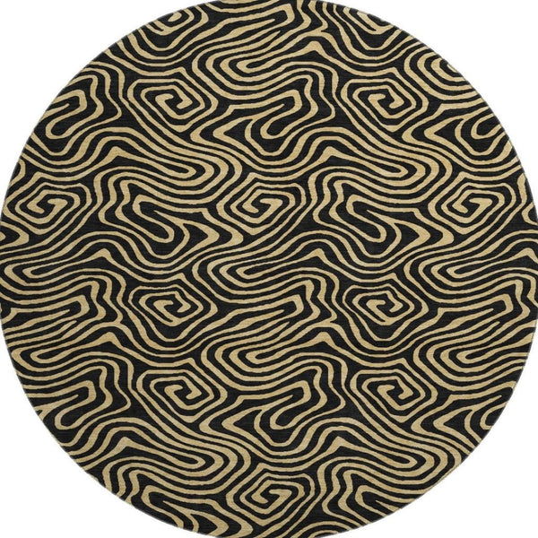 HomeRoots 8' Black And Gold Abstract Round Rug – Stylish, Washable, UV-Protected & Perfect for Modern Spaces! 680936