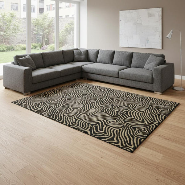 HomeRoots 8' X 10' Black And Gold Abstract Washable Area Rug – Durable, UV Protected, Modern Design for Any Room 680937