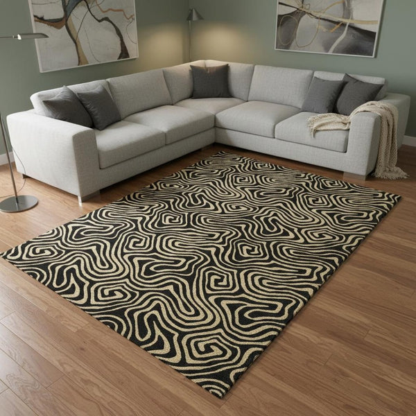 HomeRoots 9' X 12' Black and Gold Abstract Area Rug - Washable, UV-Protected, Modern Design for Any Space 680938