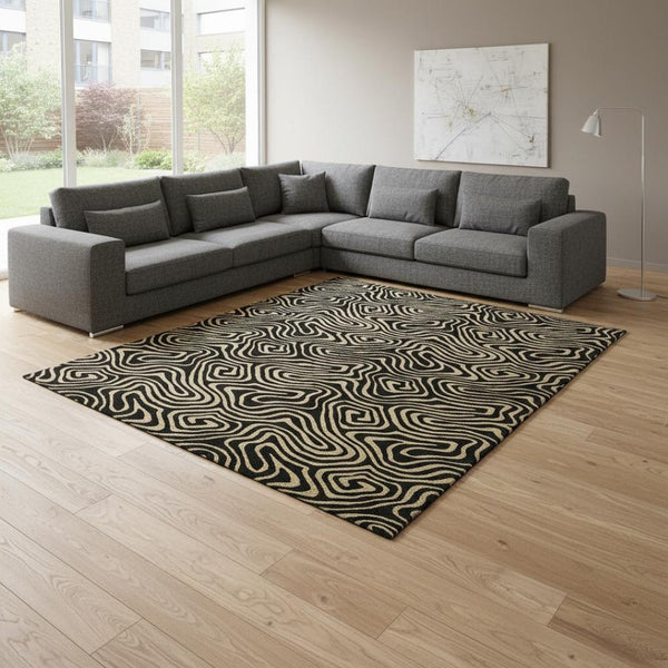HomeRoots 10' Black and Gold Abstract Washable Area Rug - Stylish, Durable, UV-Protected for Modern Spaces! 680939