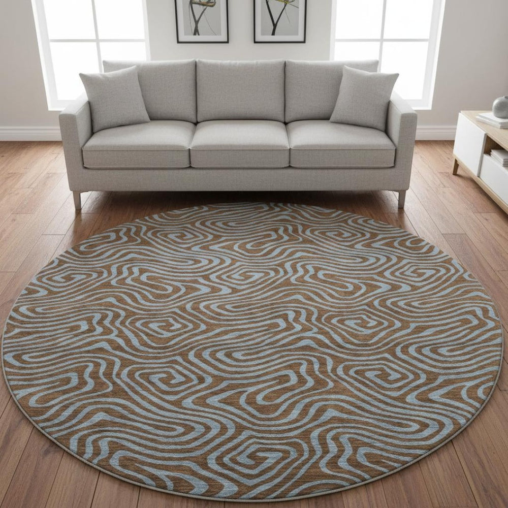 HomeRoots 8' Brown & Sky Blue Abstract Round Rug - Washable, UV Protected, Durable for High-Traffic Areas 680942