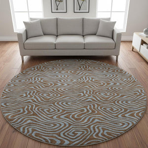HomeRoots 8' Brown & Sky Blue Abstract Round Rug - Washable, UV Protected, Durable for High-Traffic Areas 680942
