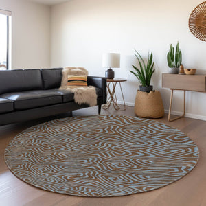 HomeRoots 8' Brown & Sky Blue Abstract Round Rug - Washable, UV Protected, Durable for High-Traffic Areas 680942