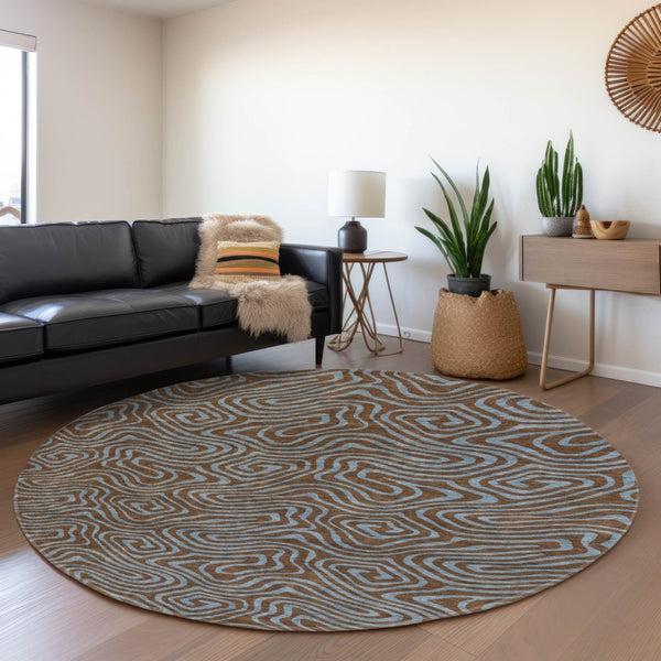 HomeRoots 8' Brown & Sky Blue Abstract Round Rug - Washable, UV Protected, Durable for High-Traffic Areas 680942