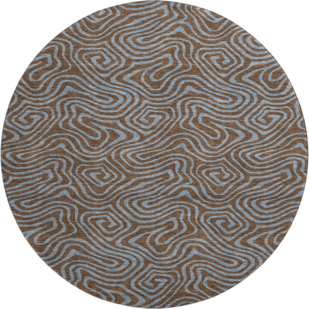 HomeRoots 8' Brown & Sky Blue Abstract Round Rug - Washable, UV Protected, Durable for High-Traffic Areas 680942