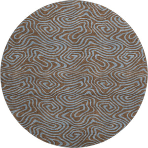 HomeRoots 8' Brown & Sky Blue Abstract Round Rug - Washable, UV Protected, Durable for High-Traffic Areas 680942