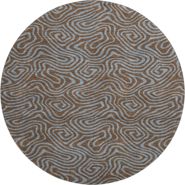HomeRoots 8' Brown & Sky Blue Abstract Round Rug - Washable, UV Protected, Durable for High-Traffic Areas 680942