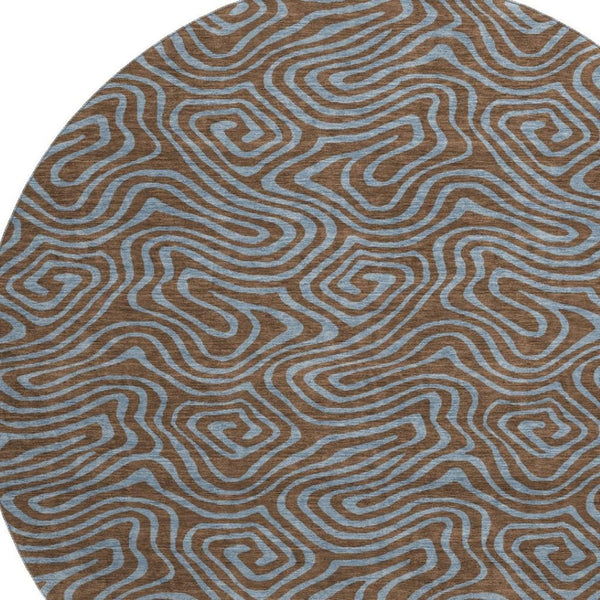 HomeRoots 8' Brown & Sky Blue Abstract Round Rug - Washable, UV Protected, Durable for High-Traffic Areas 680942