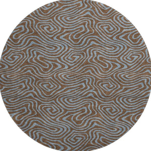 HomeRoots 8' Brown & Sky Blue Abstract Round Rug - Washable, UV Protected, Durable for High-Traffic Areas 680942