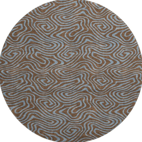 HomeRoots 8' Brown & Sky Blue Abstract Round Rug - Washable, UV Protected, Durable for High-Traffic Areas 680942