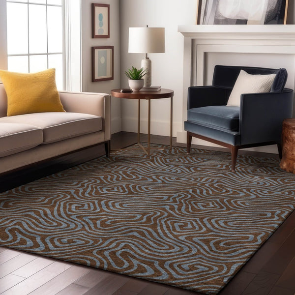 HomeRoots 8' X 10' Contemporary Brown & Sky Blue Abstract Washable Area Rug with UV Protection & Durability 680943