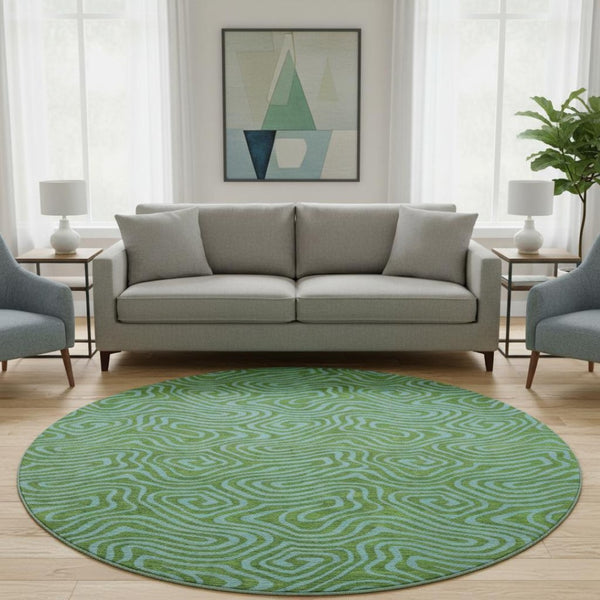 HomeRoots 8' Washable Abstract Round Rug in Green & Sky Blue - Durable, Stain-Resistant, UV Protected Design 680948