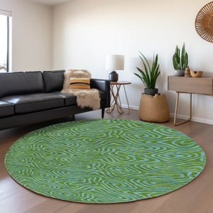 HomeRoots 8' Washable Abstract Round Rug in Green & Sky Blue - Durable, Stain-Resistant, UV Protected Design 680948