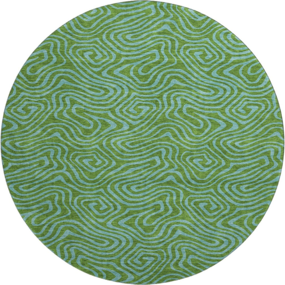 HomeRoots 8' Washable Abstract Round Rug in Green & Sky Blue - Durable, Stain-Resistant, UV Protected Design 680948