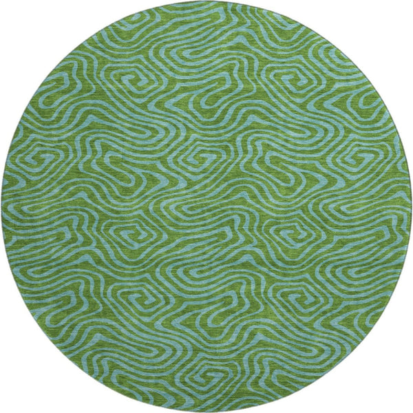 HomeRoots 8' Washable Abstract Round Rug in Green & Sky Blue - Durable, Stain-Resistant, UV Protected Design 680948