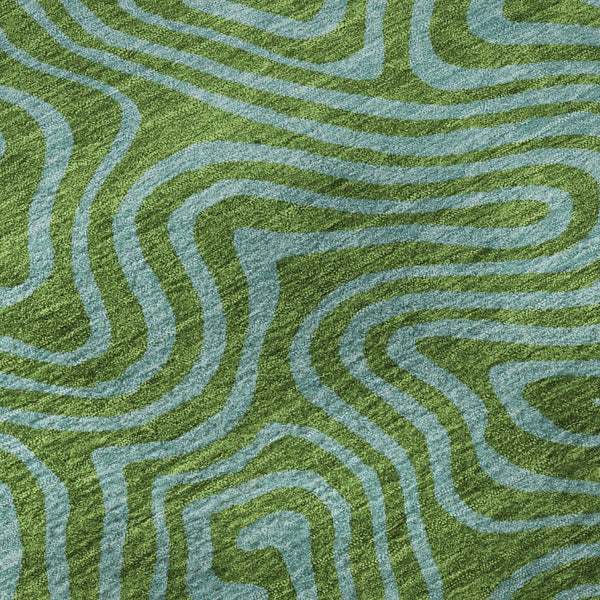 HomeRoots 8' Washable Abstract Round Rug in Green & Sky Blue - Durable, Stain-Resistant, UV Protected Design 680948