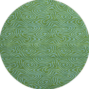 HomeRoots 8' Washable Abstract Round Rug in Green & Sky Blue - Durable, Stain-Resistant, UV Protected Design 680948