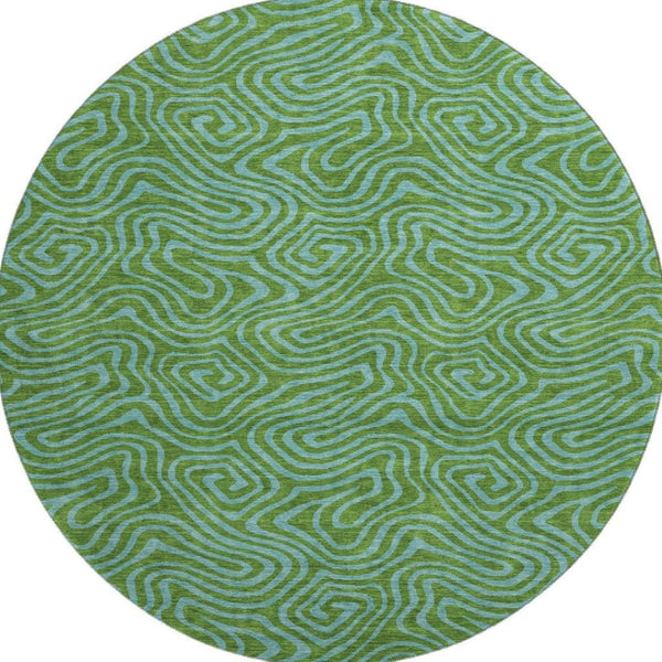 HomeRoots 8' Washable Abstract Round Rug in Green & Sky Blue - Durable, Stain-Resistant, UV Protected Design 680948