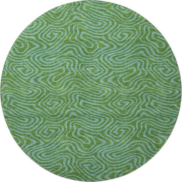 HomeRoots 8' Washable Abstract Round Rug in Green & Sky Blue - Durable, Stain-Resistant, UV Protected Design 680948