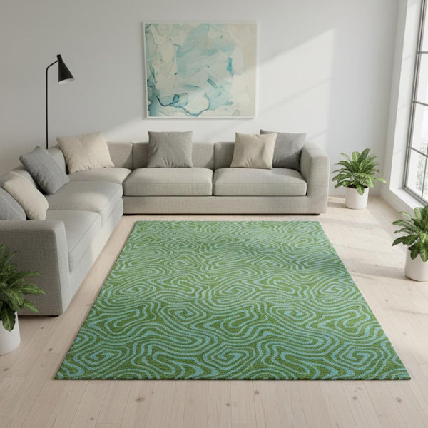 HomeRoots 10' X 14' Modern Abstract Area Rug in Green & Sky Blue - Washable, Stain-Resistant, UV Protected! 680951