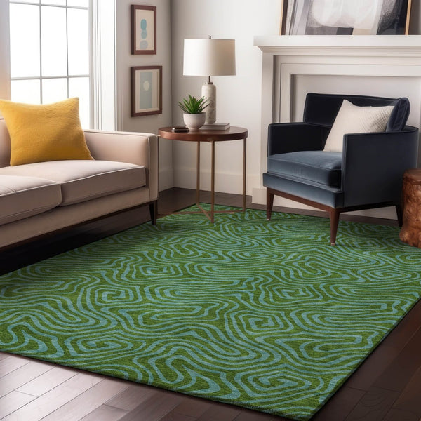 HomeRoots 10' X 14' Modern Abstract Area Rug in Green & Sky Blue - Washable, Stain-Resistant, UV Protected! 680951