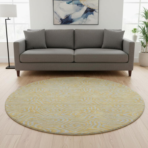 HomeRoots 8' Gold and Ivory Abstract Round Rug – Washable, UV-Protected, Stain-Resistant for Family Homes 680954