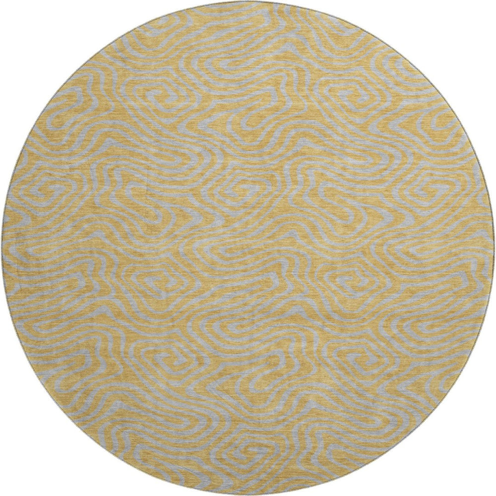 HomeRoots 8' Gold and Ivory Abstract Round Rug – Washable, UV-Protected, Stain-Resistant for Family Homes 680954