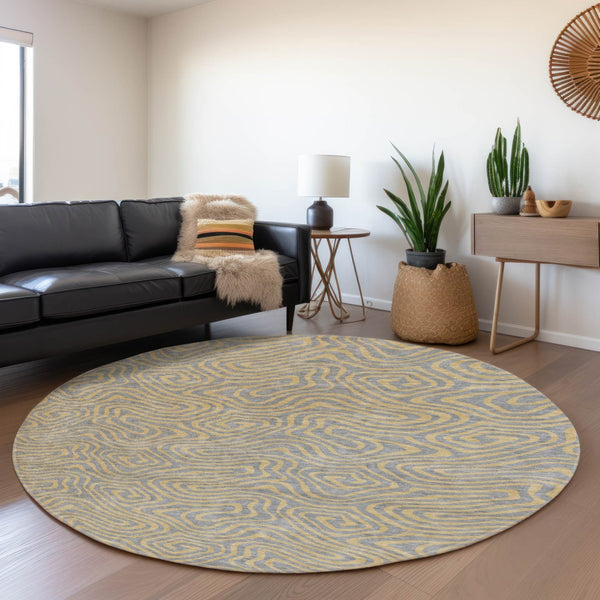 HomeRoots 8' Gray and Gold Abstract Round Rug - Washable, UV Protected, Durable Design for Modern Homes 680960