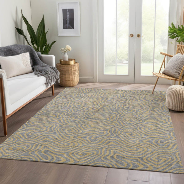 HomeRoots 10' Gray and Gold Abstract Area Rug - Washable, UV Protected, Stain-Resistant for Busy Homes! 680963